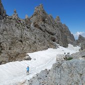 latemar sentiero sotto corno d ega eggentaler horn resti di neve escursionista