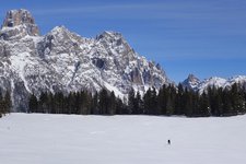 calaita inverno escursionista con ciaspole sfondo pale di san martino